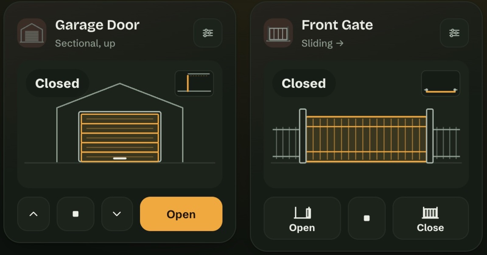 A sectional garage door and a sliding gate, drawn in their real position