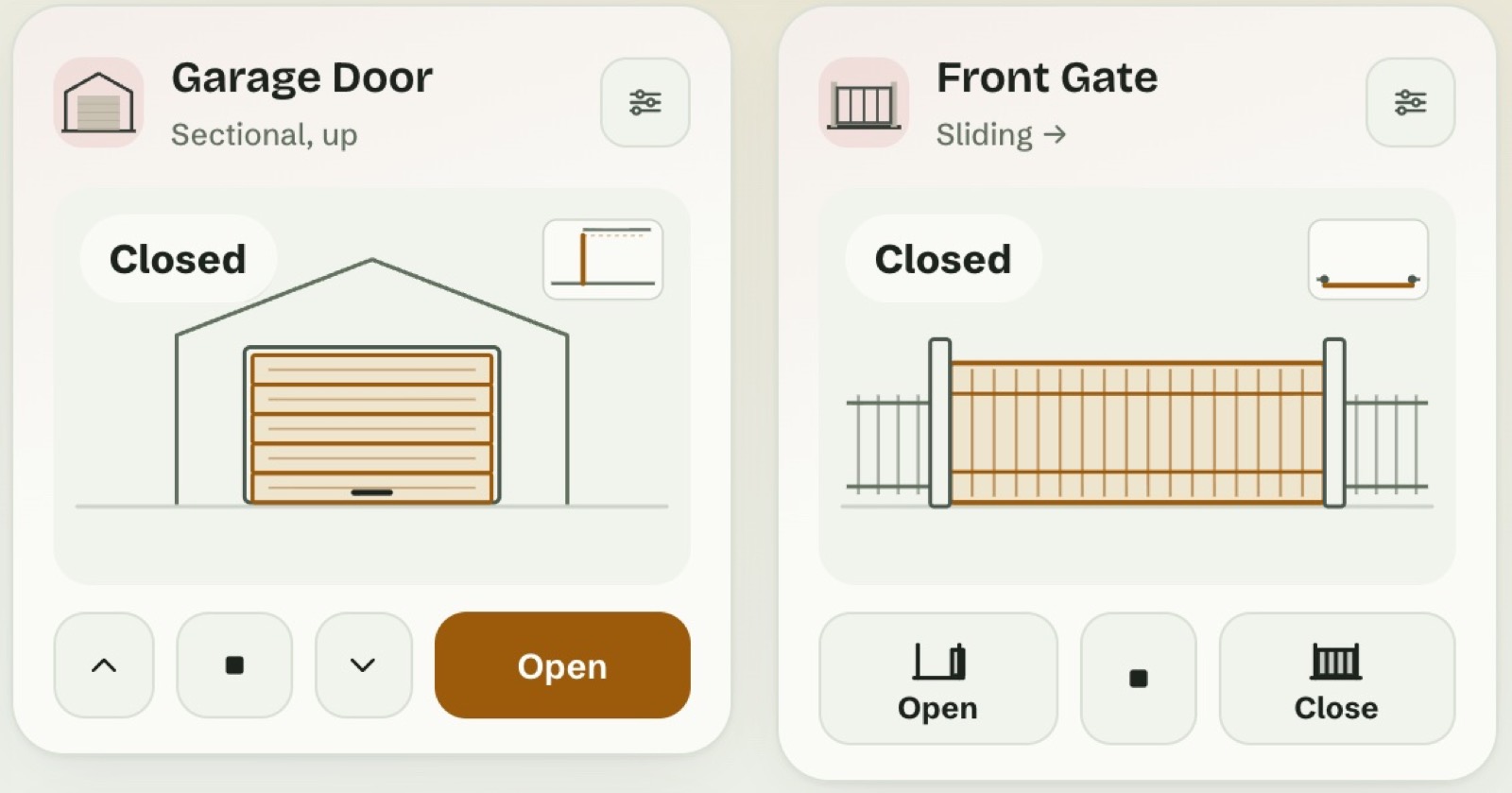 A sectional garage door and a sliding gate, drawn in their real position