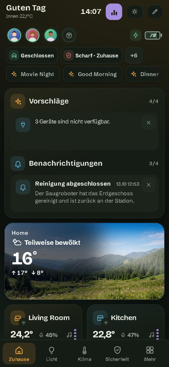 Auf dem Smartphone: die Seite Zuhause mit der Seitenleiste unten
