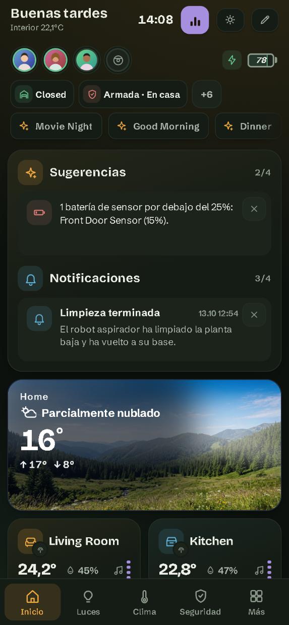 En un móvil: la página Inicio, con la barra de páginas abajo