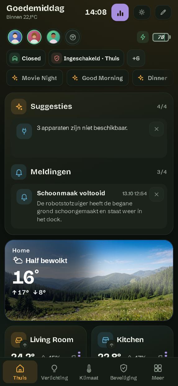 Op een telefoon: de pagina Thuis, met de paginabalk onderaan