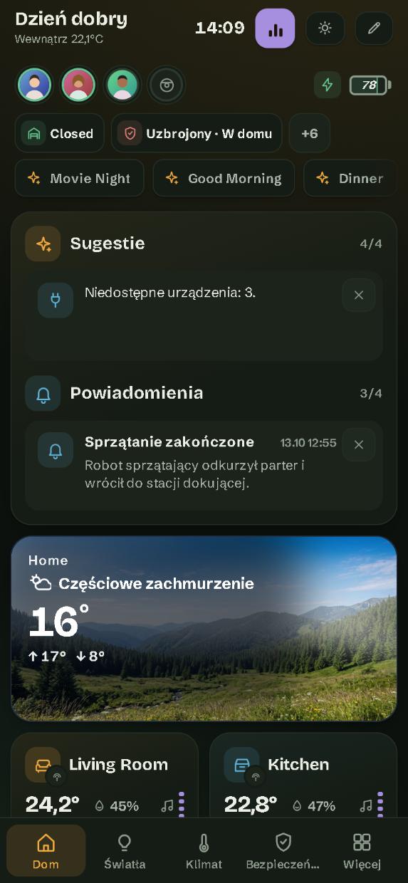 Na telefonie: strona Dom, z paskiem stron na dole