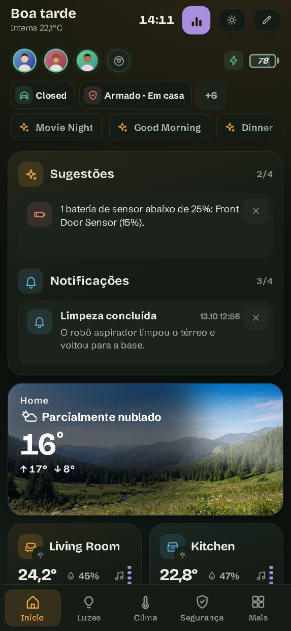Num celular: a página Início, com a barra de páginas embaixo
