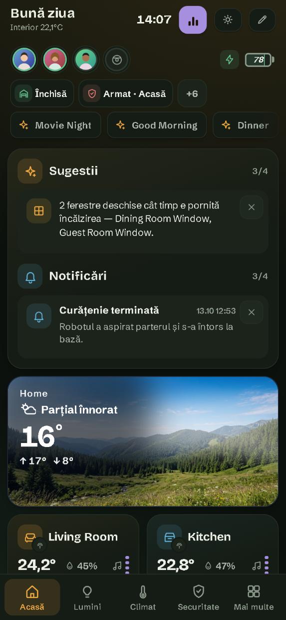 Pe telefon: pagina Acasă, cu bara de pagini jos