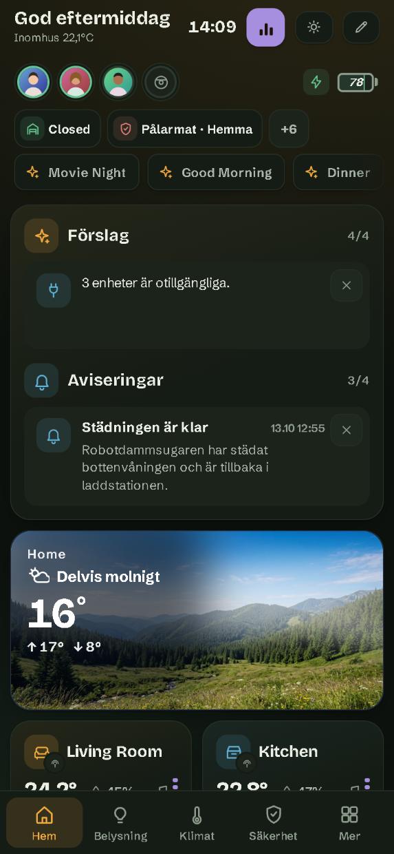 På en mobil: sidan Hem, med sidfältet längst ned