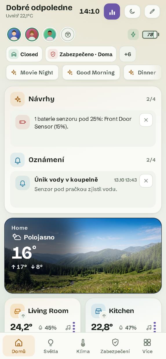 Na telefonu: stránka Domů s lištou stránek dole