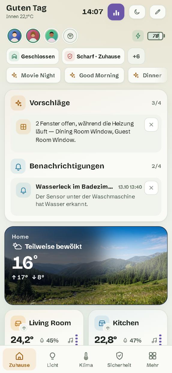Auf dem Smartphone: die Seite Zuhause mit der Seitenleiste unten