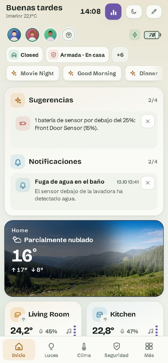 En un móvil: la página Inicio, con la barra de páginas abajo