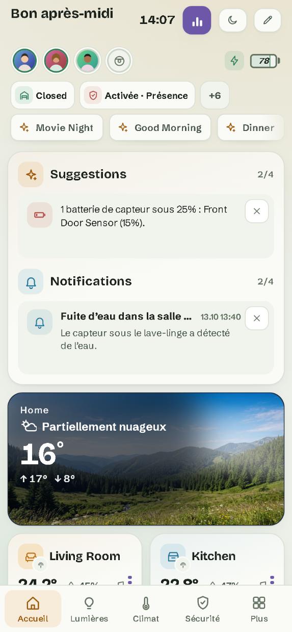 Sur un téléphone : la page Accueil, avec la barre des pages en bas