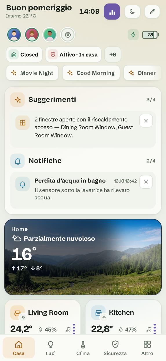 Su un telefono: la pagina Casa, con la barra delle pagine in basso