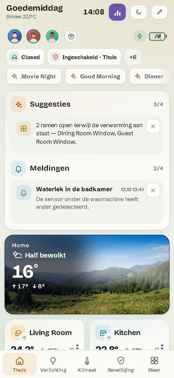 Op een telefoon: de pagina Thuis, met de paginabalk onderaan