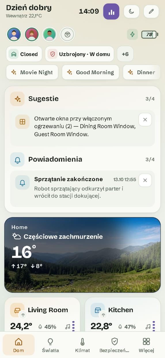 Na telefonie: strona Dom, z paskiem stron na dole