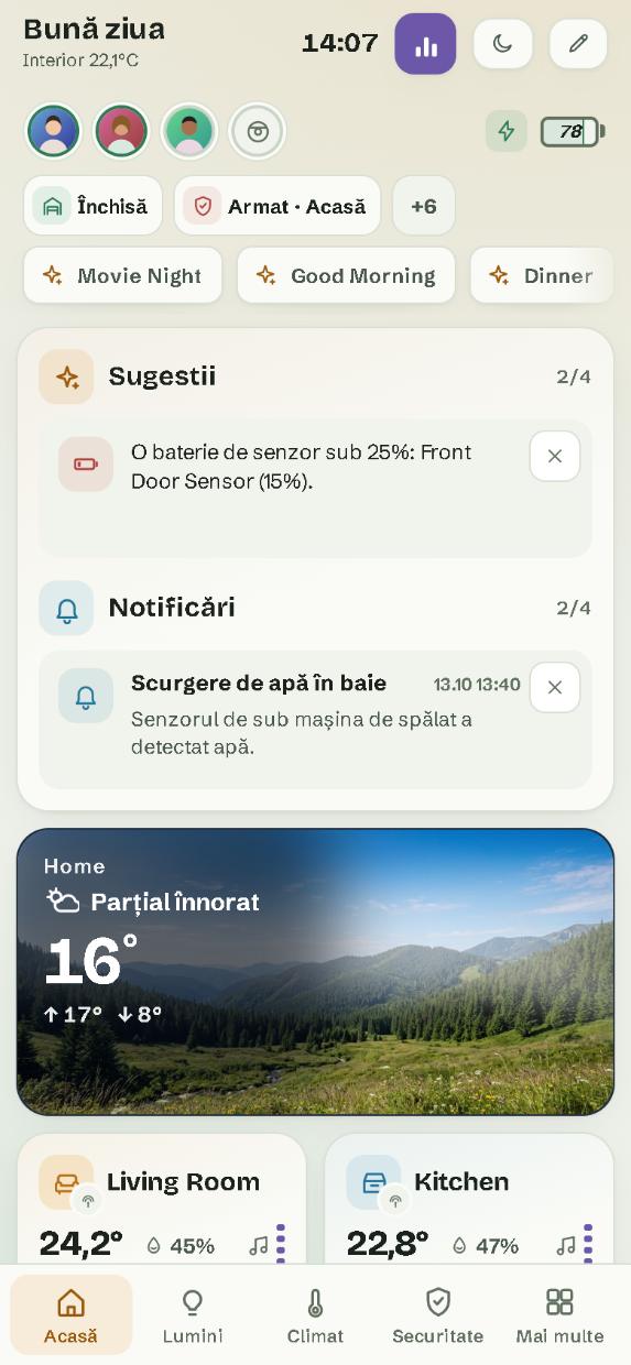 Pe telefon: pagina Acasă, cu bara de pagini jos