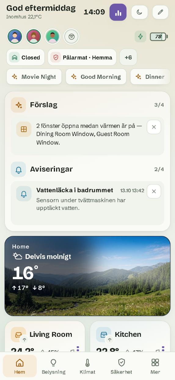 På en mobil: sidan Hem, med sidfältet längst ned