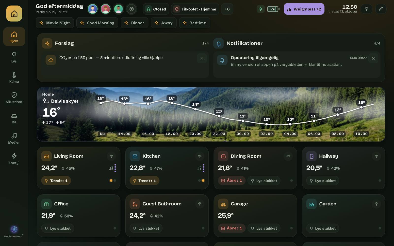 Nucleum Hub på en 10-tommers vægtablet: demohusets side Hjem med rummene, topbjælken og scenerne