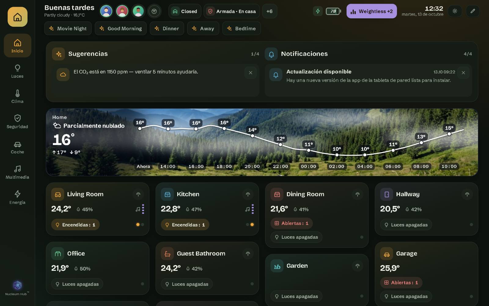 Nucleum Hub en una tableta de pared de 10 pulgadas: la página Inicio de la casa de demostración, con las habitaciones, la barra superior y las escenas