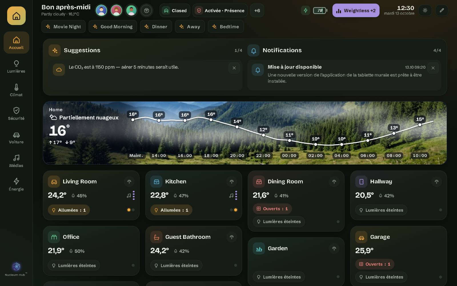 Nucleum Hub sur une tablette murale de 10 pouces : la page Accueil de la maison de démo, avec les pièces, la barre du haut et les scènes