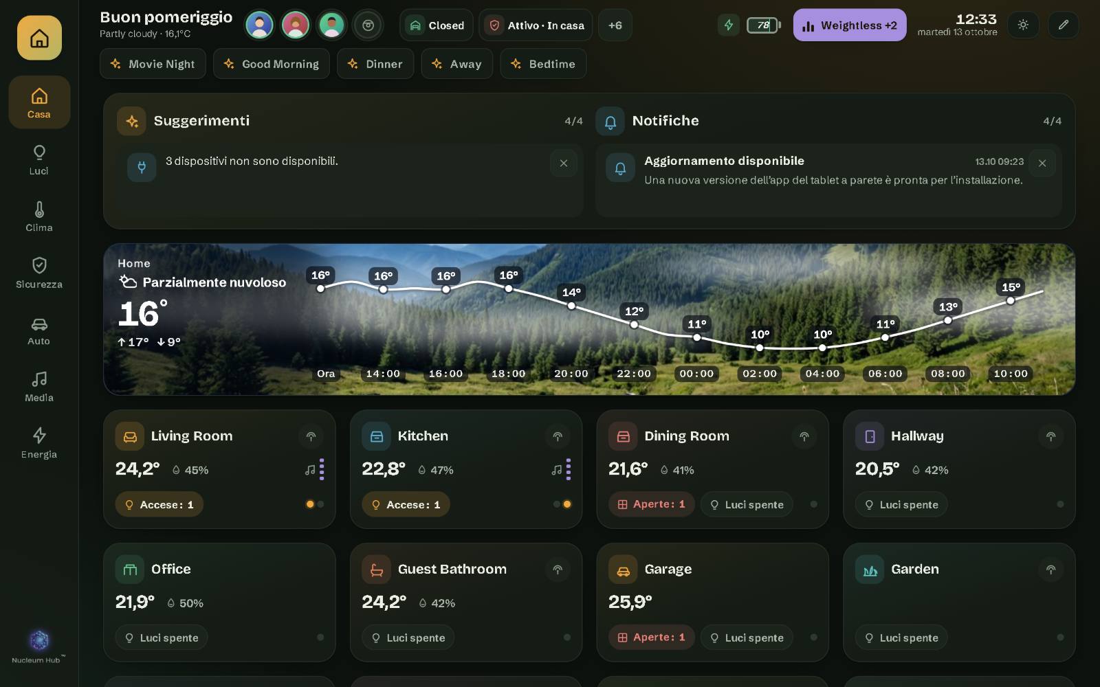Nucleum Hub su un tablet da parete da 10 pollici: la pagina Casa della casa demo, con le stanze, la barra superiore e le scene