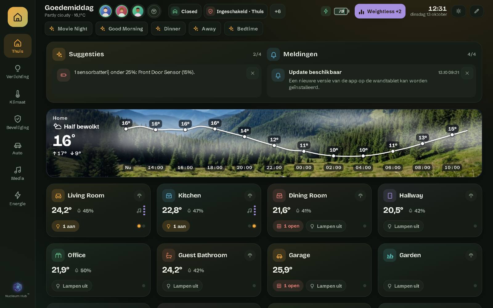 Nucleum Hub op een wandtablet van 10 inch: de pagina Thuis van het demohuis, met de ruimtes, de bovenbalk en de scènes