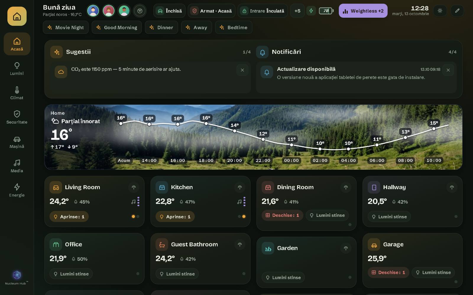 Nucleum Hub pe o tabletă de perete de 10": pagina Acasă a casei demo, cu camerele, bara de sus și scenele