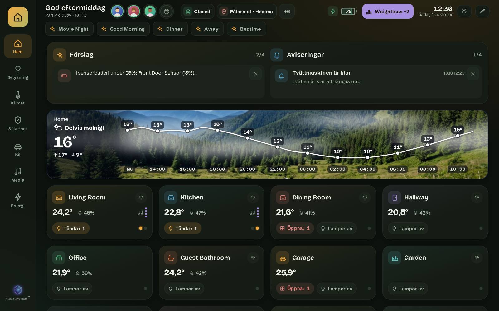 Nucleum Hub på en 10-tums surfplatta på väggen: demohusets sida Hem, med rummen, toppfältet och scenerna
