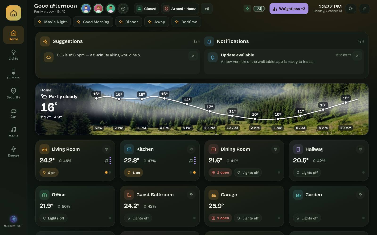 Nucleum Hub on a 10-inch wall tablet: the Home page of the demo house, with the rooms, the top bar and the scenes