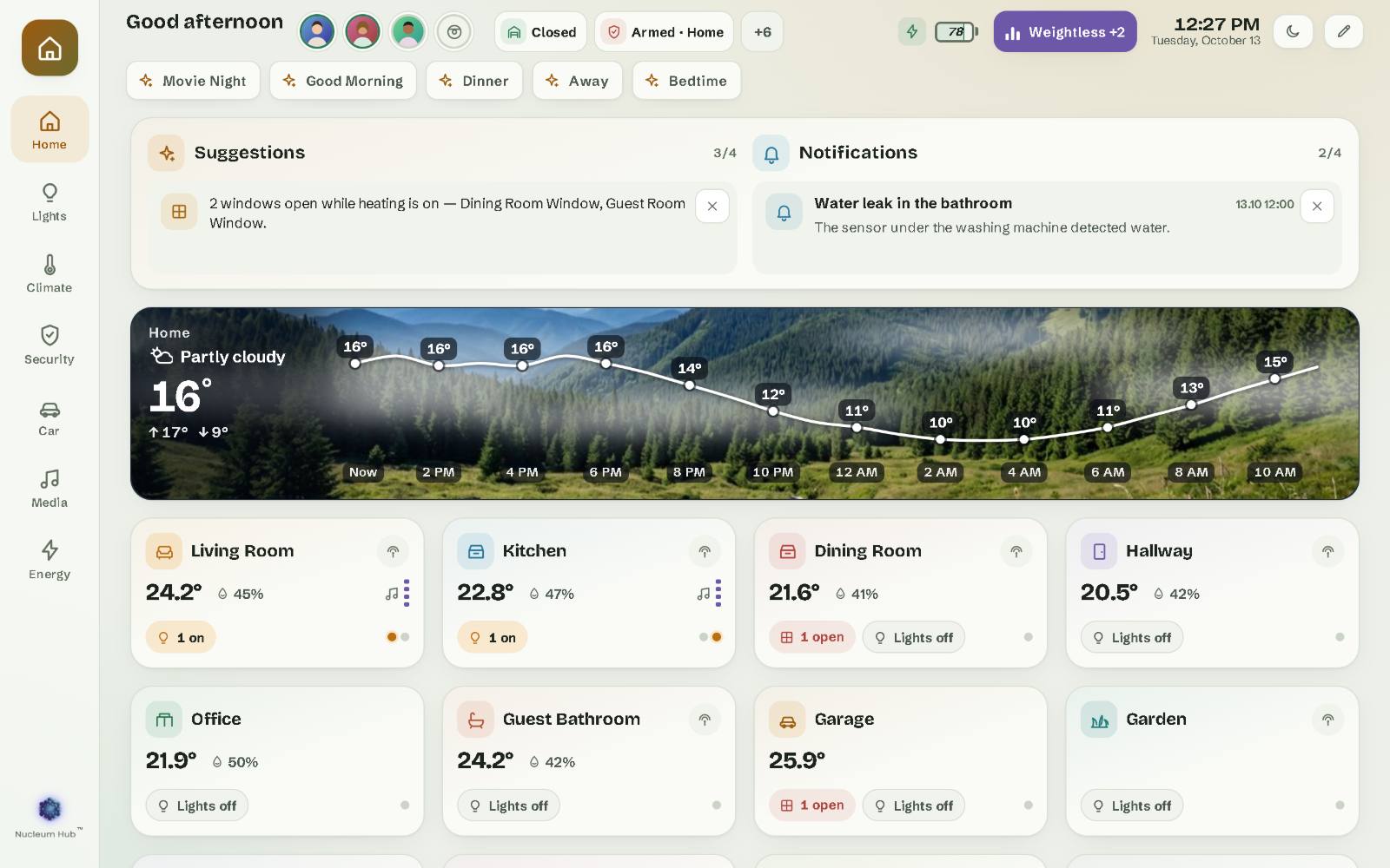 Nucleum Hub on a 10-inch wall tablet: the Home page of the demo house, with the rooms, the top bar and the scenes